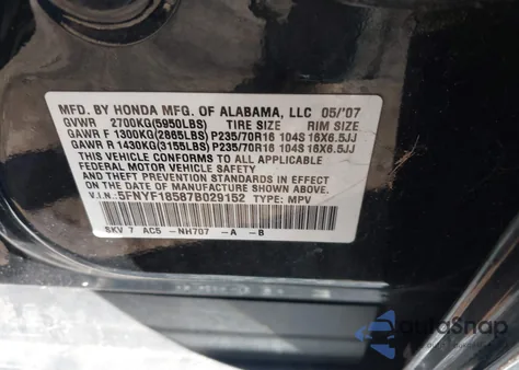 2007 Honda Pilot Ex-L из США, поврежденный, VIN 5FNYF18587B029152